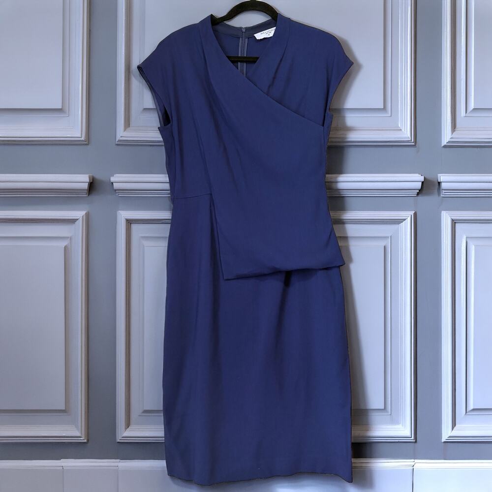 MM.LaFleur Navy Faux Wrap Sheath Dress Size 10 Italian Fabric Career Office Midi